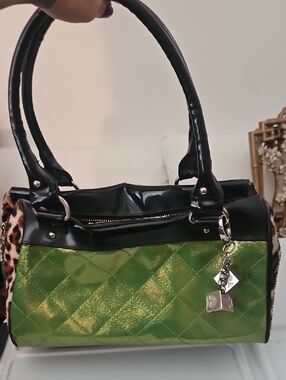 Lux DeVille Glitter Green Quilted Tote Bag with Black Trim